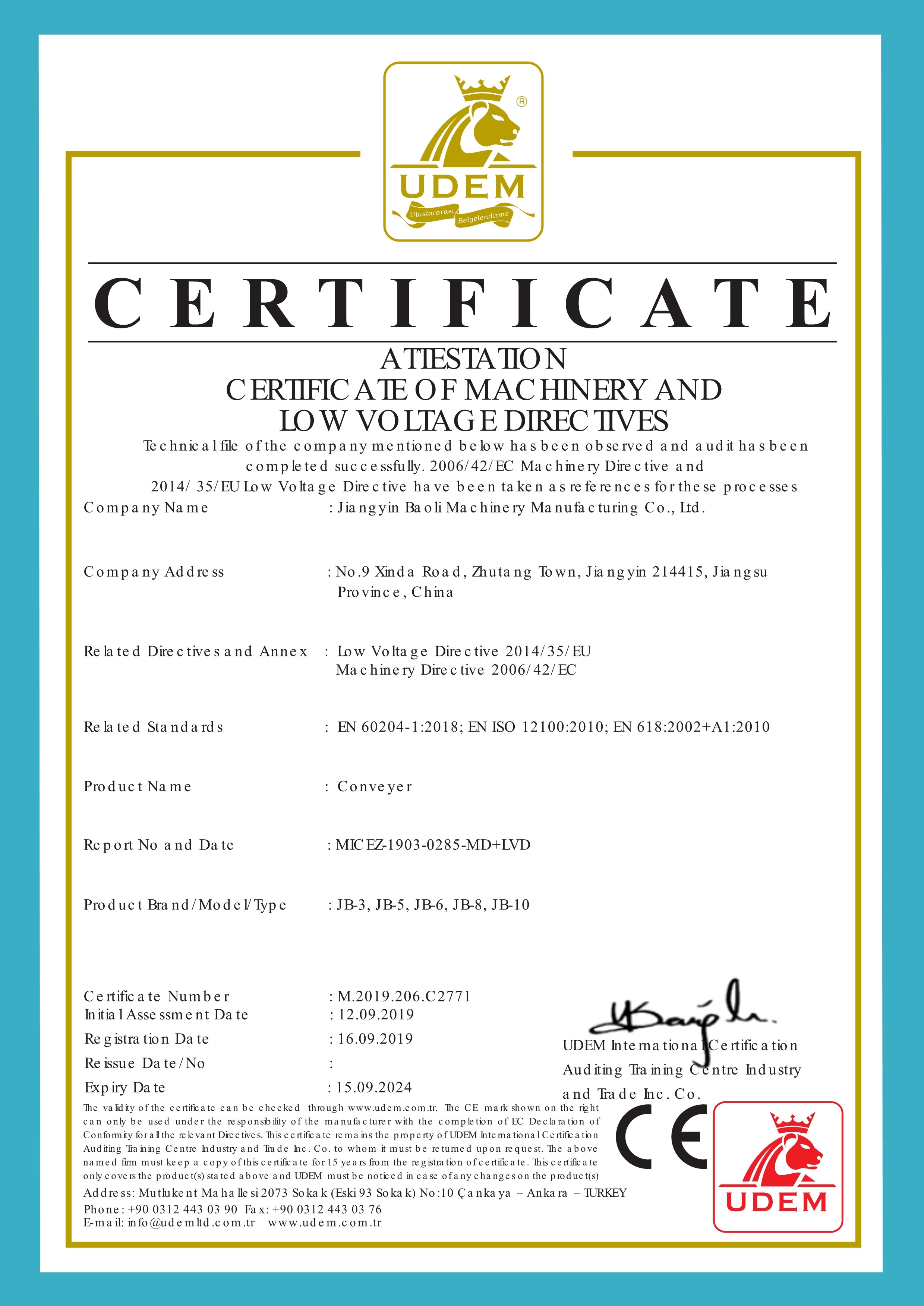 Porcellana Jiangyin Baoli Machinery Manufacturing Co., Ltd. Certificazioni
